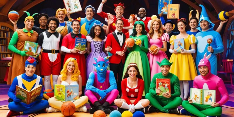 GRUPA ANIMATORÓW W KOLOROWYCH STROJACH IMITUJĄCYCH POSTACIE Z BAJEK , TRZYMAJĄ KSIĄŻKI , ZABAWKI , PIŁKI I INNE SPORTOWE PRZYRZĄDAY