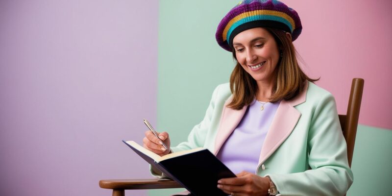 SUROWA OPIEKUNKA DZIECI W WIEKU 25 LAT, W KOLOROWYM KAPELUSZU CZYTA KSIĄŻKE I TRZYMA PIÓRO W RĘCE, SIEDZI NA POJEDYNCZYM KRZEŚLE PASTELOWE KOLORY, FRANCUSKA , W ŻAKIECIE